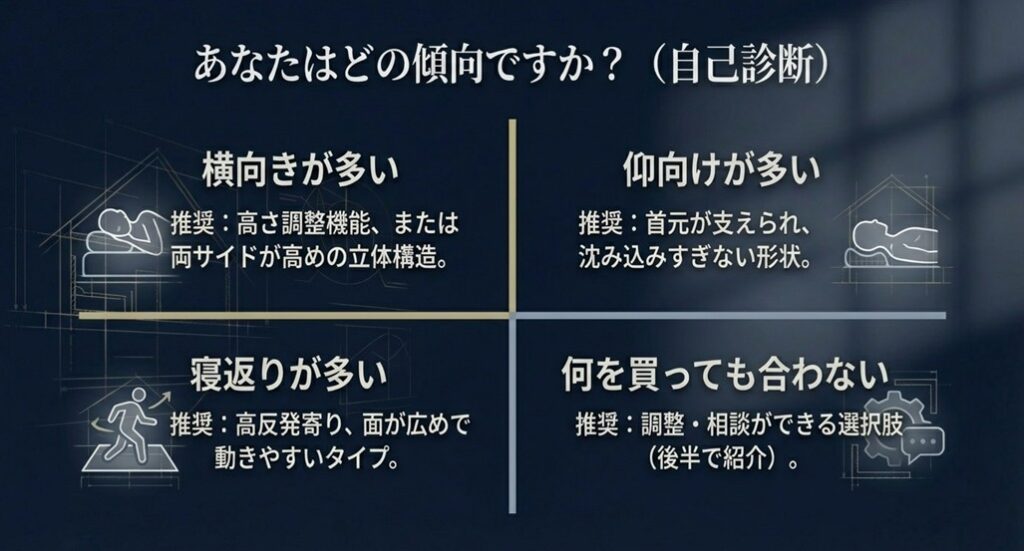 横向き派、仰向け派、寝返り派、迷子派の4タイプ別におすすめの枕タイプを判定するチャート