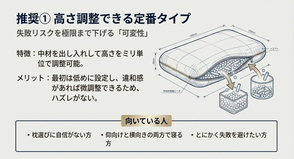 中材（パイプやビーズ）を出し入れして高さを調整できる枕のイラスト。失敗リスクを下げる可変性