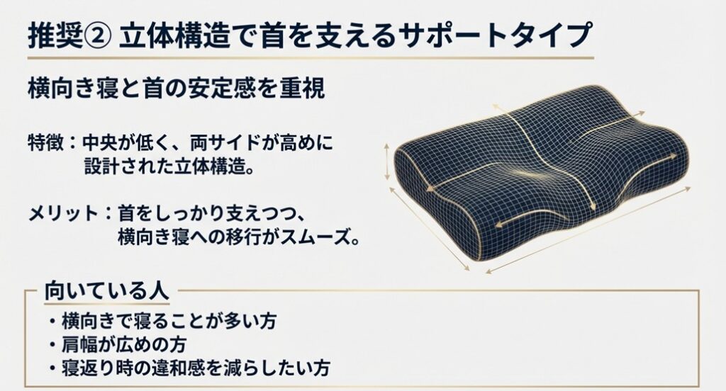 contour-pillow.jpg	中央が低く両サイドが高い立体構造の枕。首を支え横向き寝にも対応する形状