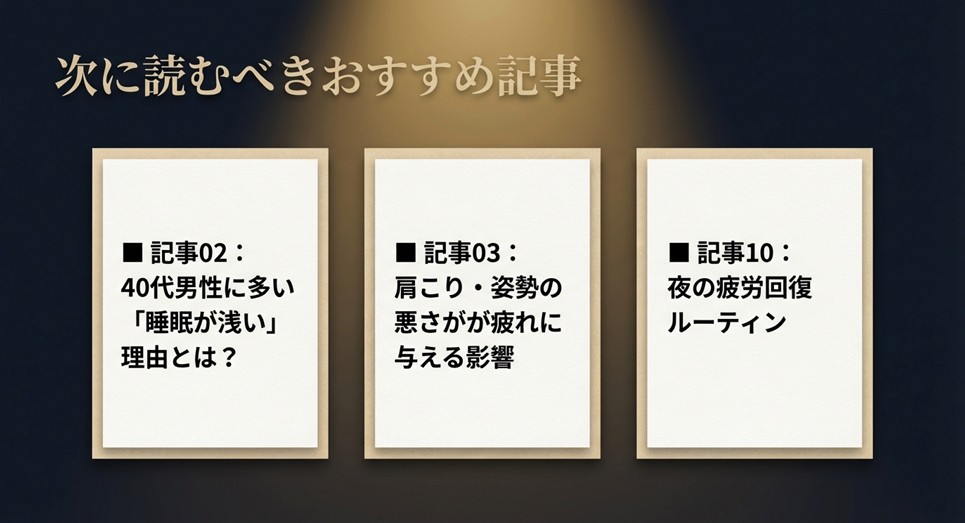 睡眠が浅い理由、肩こりと姿勢、夜のルーティンなど、グッズと合わせて読むべき関連記事へのリンクバナー