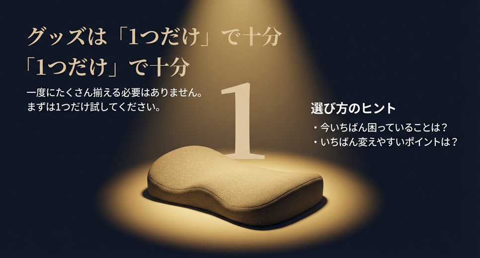 「まずは1つだけで十分」というアドバイス。一度に揃えず、一番困っていることから解消するスモールステップの提案