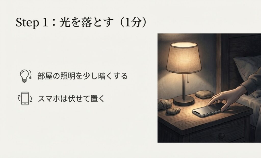 光を落とす：部屋の照明を暗くし、スマホを伏せて置くイラスト