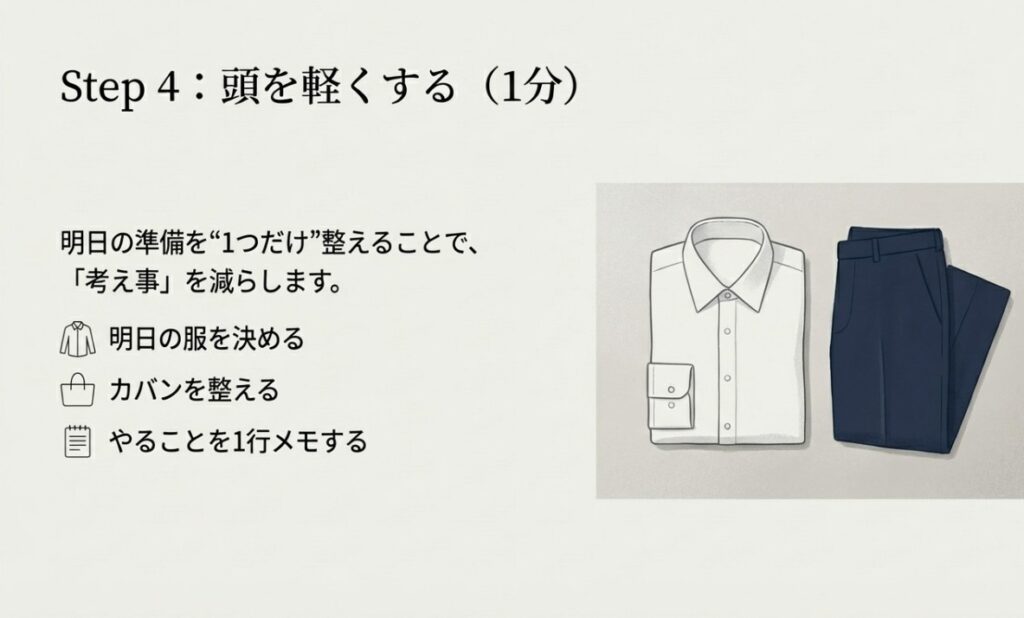 頭を軽くする：明日の服決めやカバン整理など、考え事を減らす準備