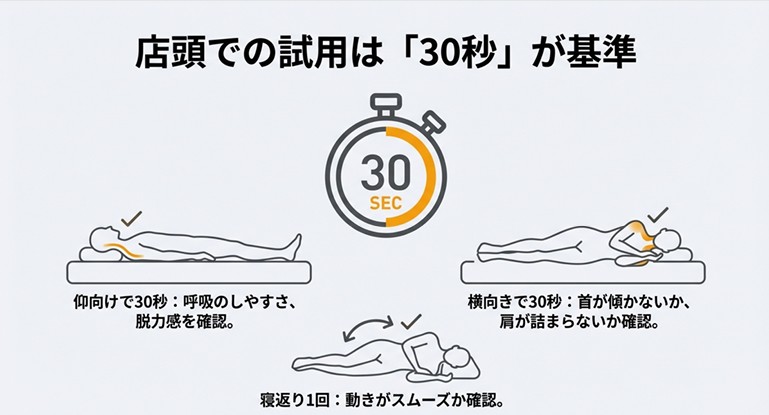 店頭での枕の試し方 仰向けと横向き確認