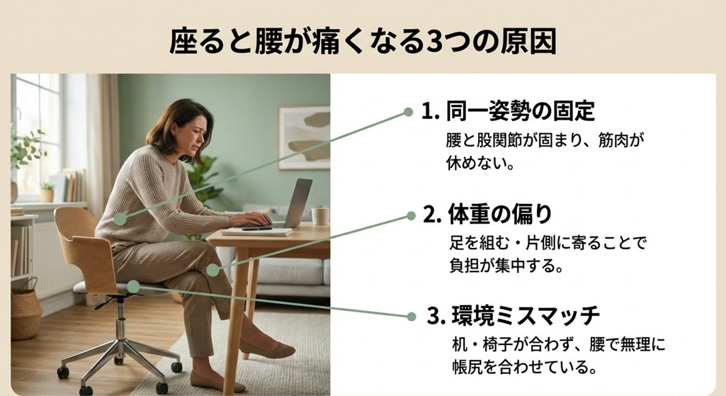 座ると腰が痛くなる3つの原因（同一姿勢の固定、体重の偏り、環境ミスマッチ）を解説する図解