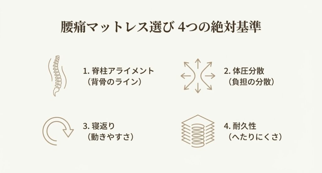 腰痛マットレス選びの4つの絶対基準。脊柱アライメント、体圧分散、寝返り、耐久性を示すアイコン