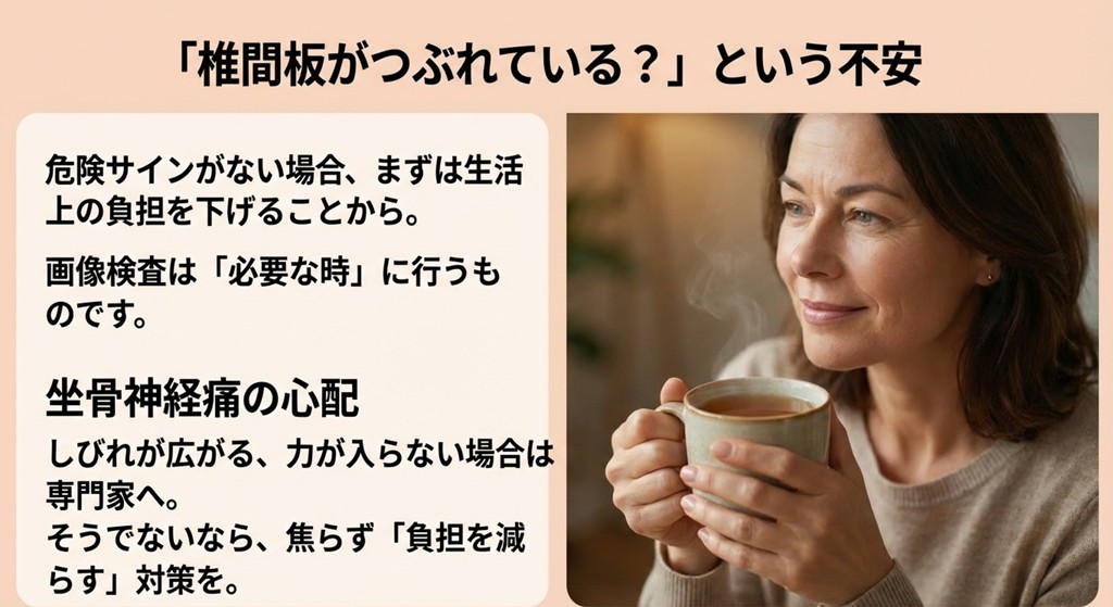 温かい飲み物を持つ女性。「椎間板がつぶれている？」などの不安に対して、まずは生活上の負担を下げる提案