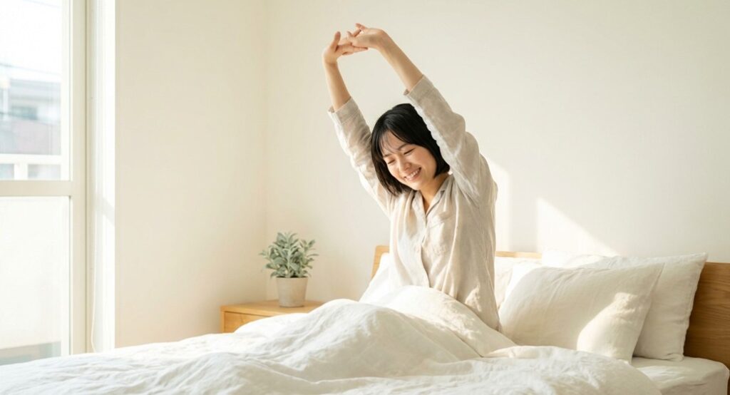 朝すっきりと目覚め、ベッドの上で背伸びをする女性。腰痛マットレス比較と失敗しない選び方の表紙