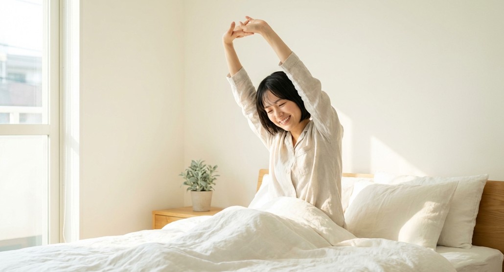 朝すっきりと目覚め、ベッドの上で背伸びをする女性。腰痛マットレス比較と失敗しない選び方の表紙