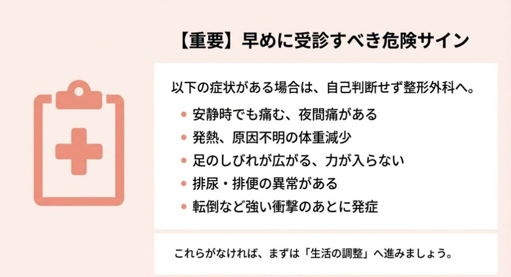 安静時の痛みやしびれなど、自己判断せずに早めに整形外科を受診すべき「危険サイン」のリスト