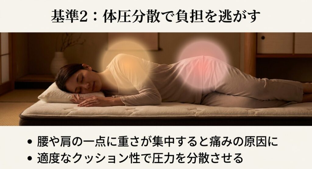 マットレスが腰や肩への重さを分散し、一点に負担が集中するのを防ぐ体圧分散のイメージ図