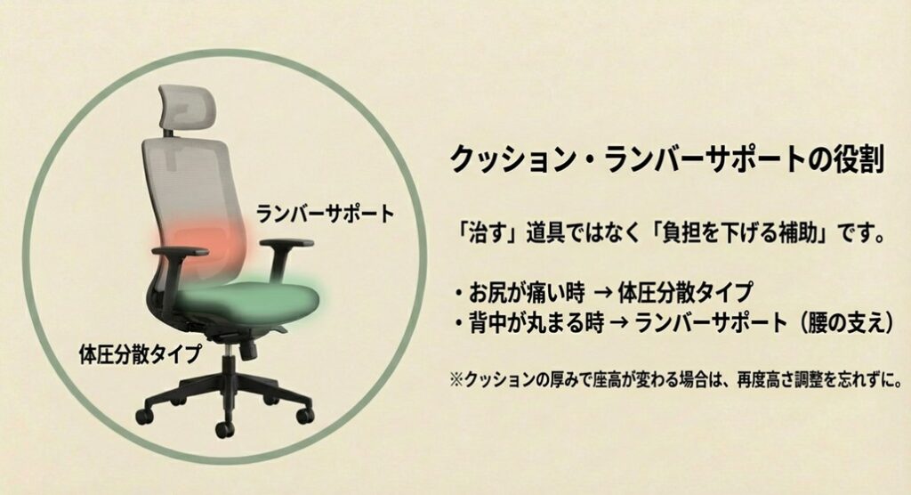 クッションやランバーサポートの役割。お尻が痛い時は体圧分散、背中が丸まる時はランバーサポートを使う
