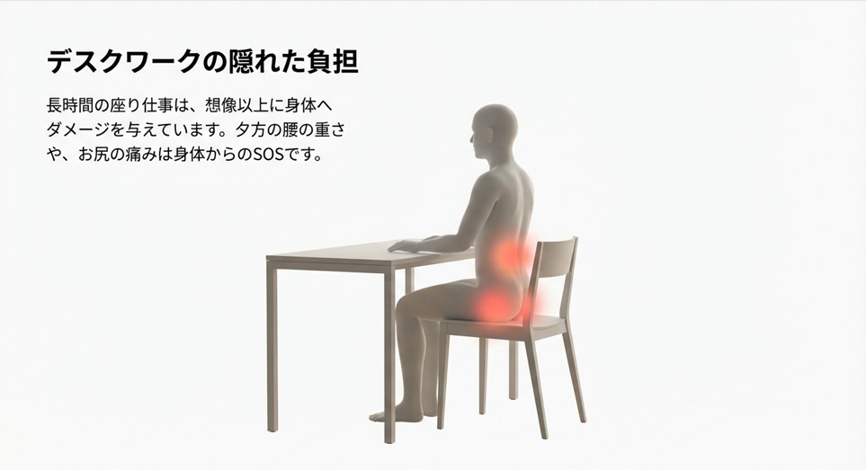 夕方の腰の重さやお尻の痛みを感じているデスクワーカーのイラスト。長時間の座り仕事が体に与えるダメージの解説