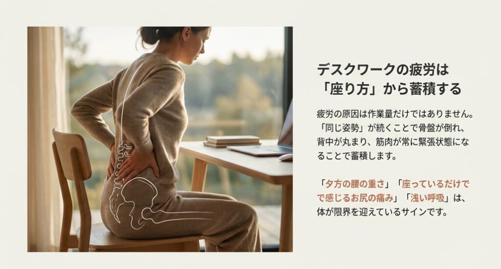 同じ姿勢が続くことで骨盤が倒れ、疲労が蓄積するメカニズムの解説。夕方の腰の重さやお尻の痛みは限界のサイン