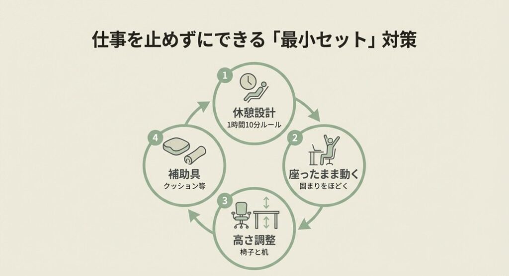 仕事を止めずにできる4つの対策（休憩設計、座ったまま動く、高さ調整、補助具）のサイクル図