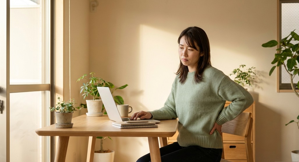 自宅のデスクで腰を押さえながらパソコン作業をする女性の写真。座りっぱなし腰痛対策の最小セットの表紙