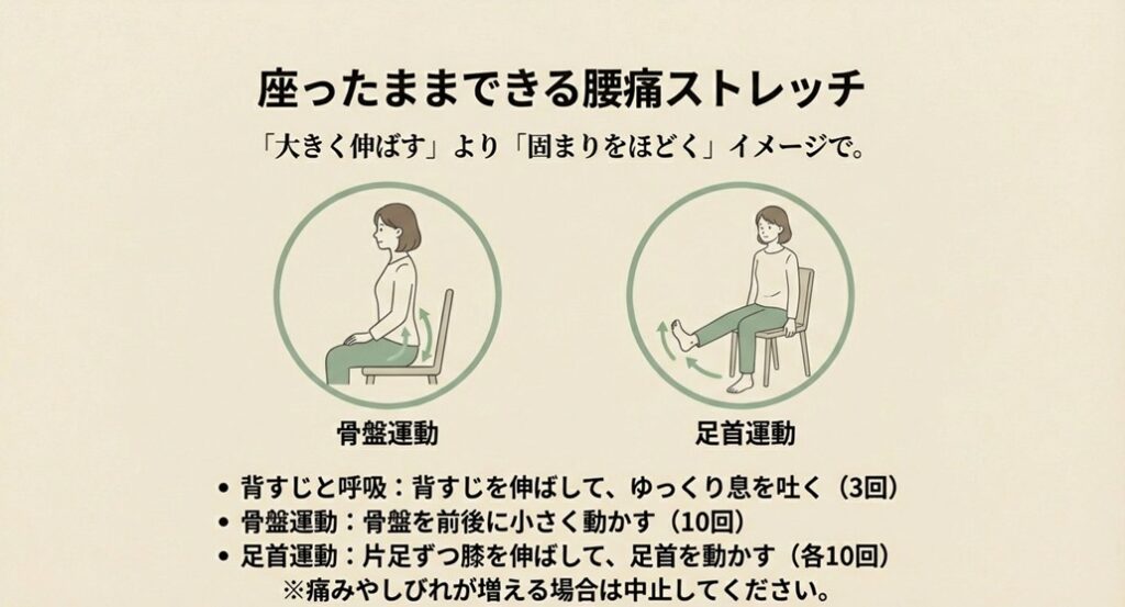 大きく伸ばすより固まりをほどくことを目的とした、座ったままできる骨盤運動と足首運動の図解