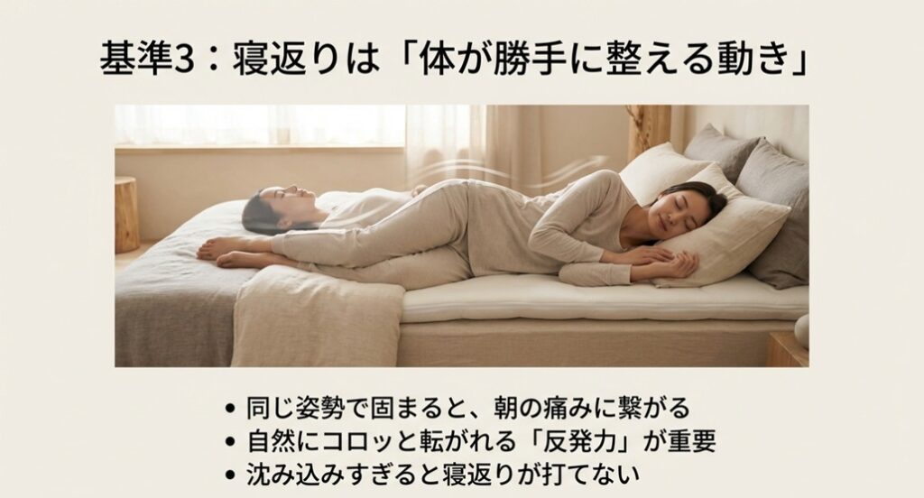 適度な反発力で自然にコロッと寝返りが打てる様子を示すイラスト。寝返りは体が勝手に整える動き
