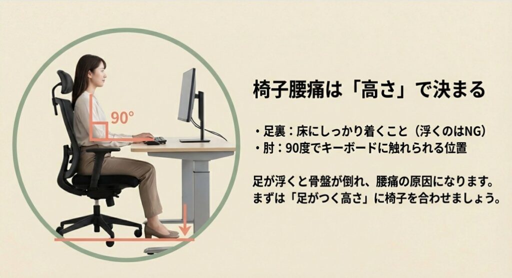 椅子腰痛を防ぐための正しい高さ。足裏が床にしっかり着き、肘が90度になる理想的な姿勢の図解