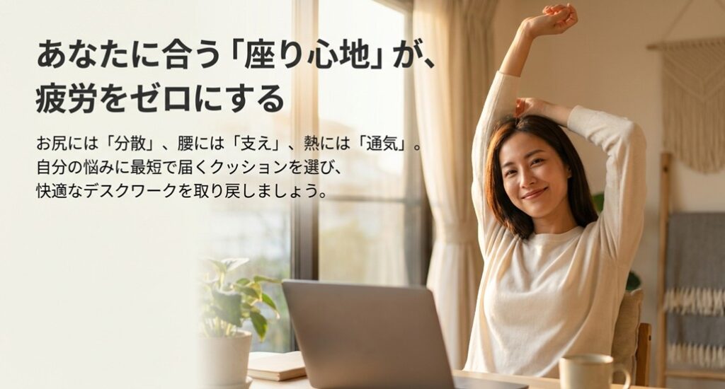 クッション一つでデスクワークの疲労度は劇的に変わるというまとめのメッセージ