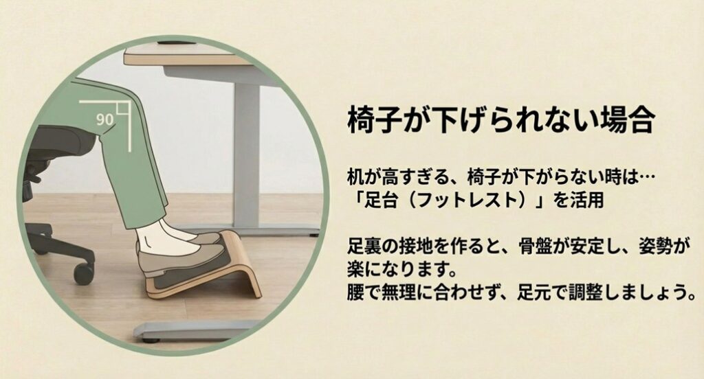 机が高すぎる、椅子が下げられない場合に足台（フットレスト）を活用して骨盤を安定させる方法の解説