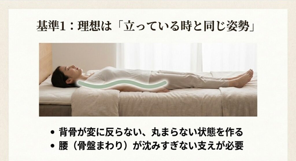 マットレスに仰向けに寝た際、立っている時と同じ自然な背骨のS字カーブを保っている理想的な寝姿勢の図解