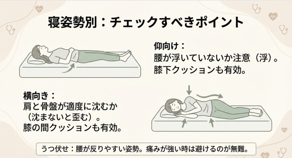 仰向け寝と横向き寝のそれぞれの姿勢でチェックすべきマットレスのポイントを図解