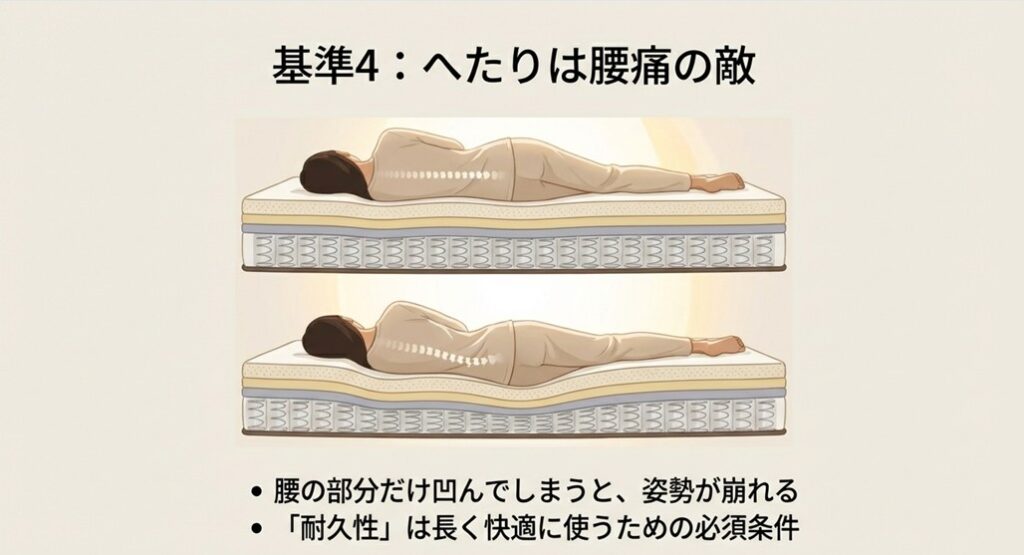 コイルスプリングの断面図。腰の部分だけが凹んでしまう「へたり」を防ぐ耐久性の重要性を解説