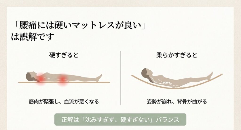 腰痛には硬いマットレスが良いというのは誤解であることを示す図解。硬すぎると血流が悪化し、柔らかすぎると背骨が曲がる