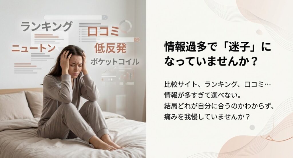 ランキングや口コミなどの情報過多で、どのマットレスを選べばいいか迷子になっている状態を説明するスライド