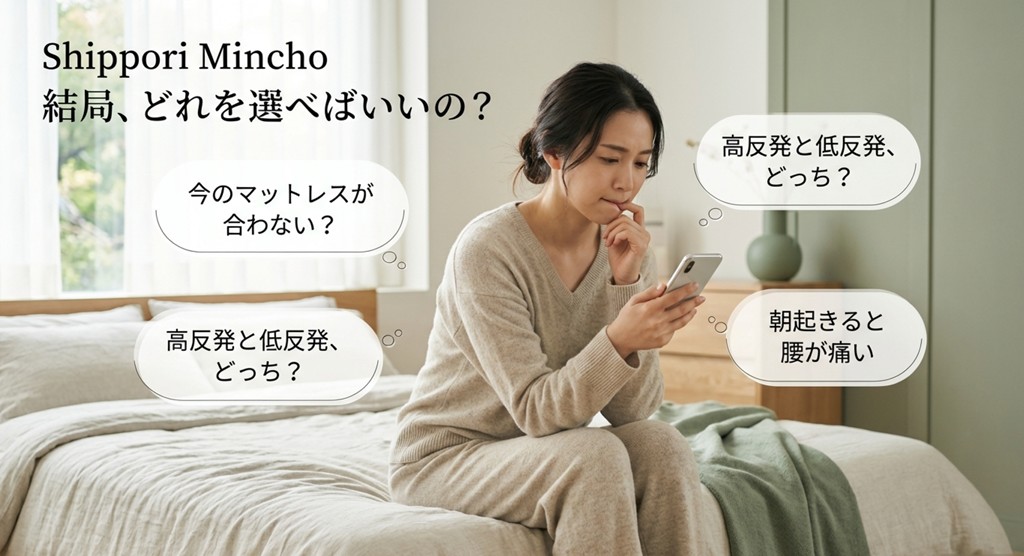 高反発か低反発か、今のマットレスが合わないなど、朝起きると腰が痛い悩みをまとめたスライド