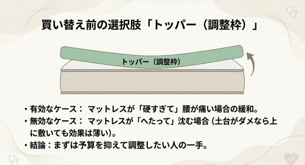 マットレストッパー(調整枠)の有効なケースと無効なケースの解説。硬すぎる場合は有効だが、へたっている場合は無効