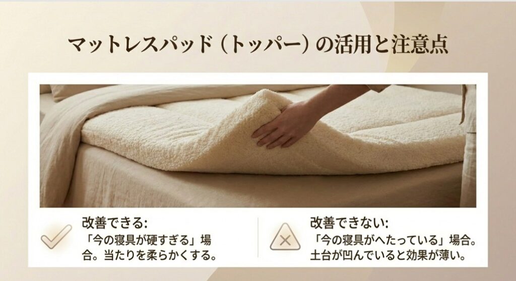 今の寝具が硬すぎる場合はマットレストッパーが有効だが、へたって凹んでいる場合は改善できないという注意点
