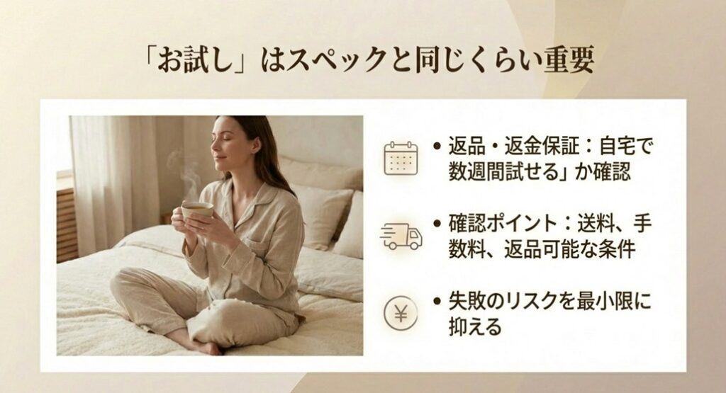 ベッドの上でくつろぐ女性。返品・返金保証など、自宅で数週間試せる「お試し期間」の重要性を解説
