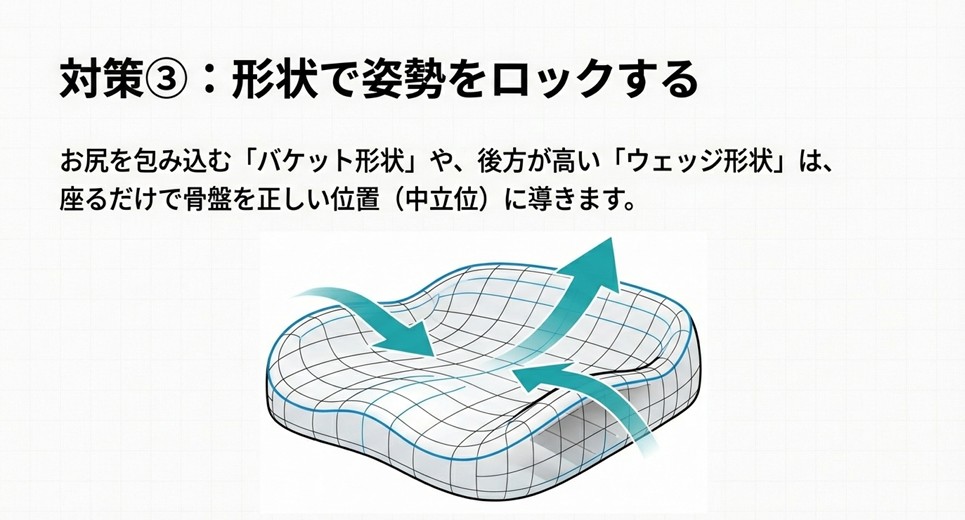お尻を包み込むバケット形状や、骨盤を立たせるウェッジ形状のクッション。座るだけで正しい姿勢に導く