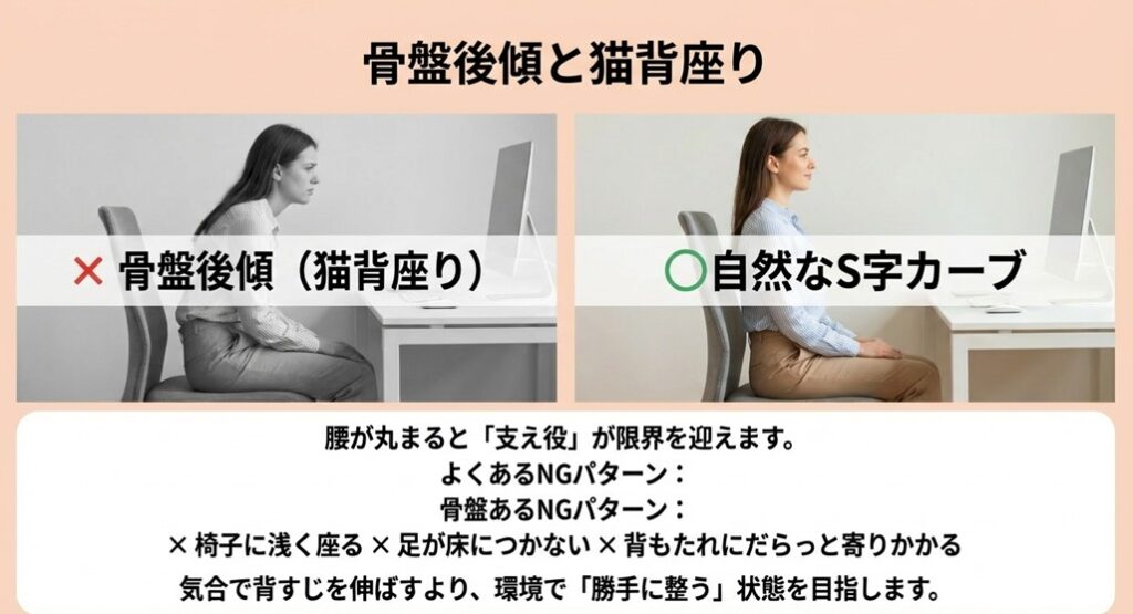 骨盤が後ろに倒れる「猫背座り」と、自然なS字カーブの比較。気合ではなく環境で整えることの重要性