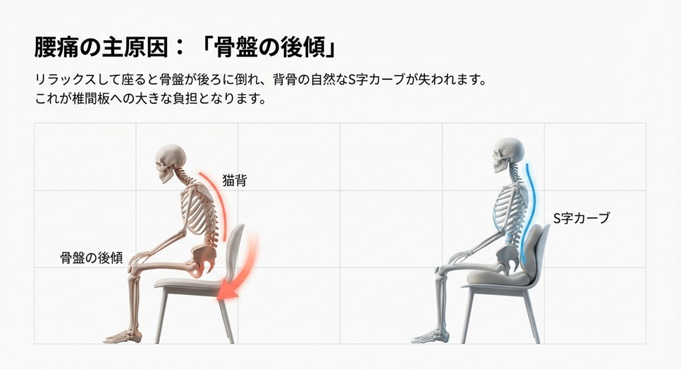 骨盤が後ろに倒れ（後傾）、背骨のS字カーブが失われている悪い座り方の図解。これが腰痛の主原因