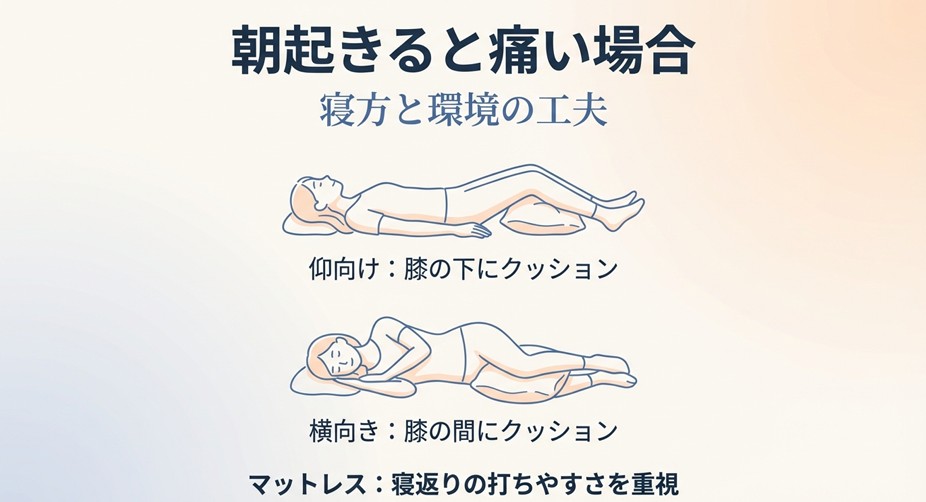 仰向けで膝下にクッションを入れたり、横向きで膝の間にクッションを挟む、腰が楽になる寝方の図解