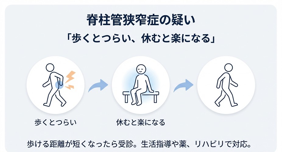 歩くと痛み、休むと楽になる症状（間欠性跛行）を示すイラスト。脊柱管狭窄症の疑い