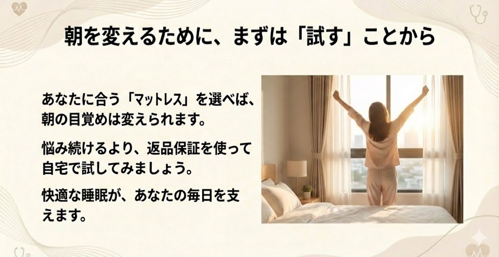 快適な目覚めのために、まずは返品保証を使って自宅で試すことを勧める結論スライド