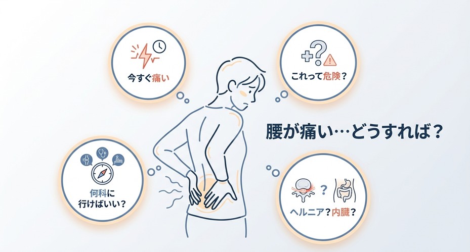 「今すぐ痛いこれって危険？」「何科に行けばいい？」といった、突然の腰痛に対する疑問や不安を示すスライド