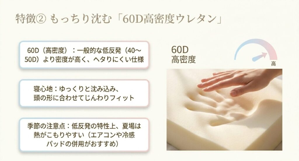 手で押すとゆっくり沈み込む60D高密度ウレタンの画像。一般的な40~50Dより高密度で耐久性が高い。