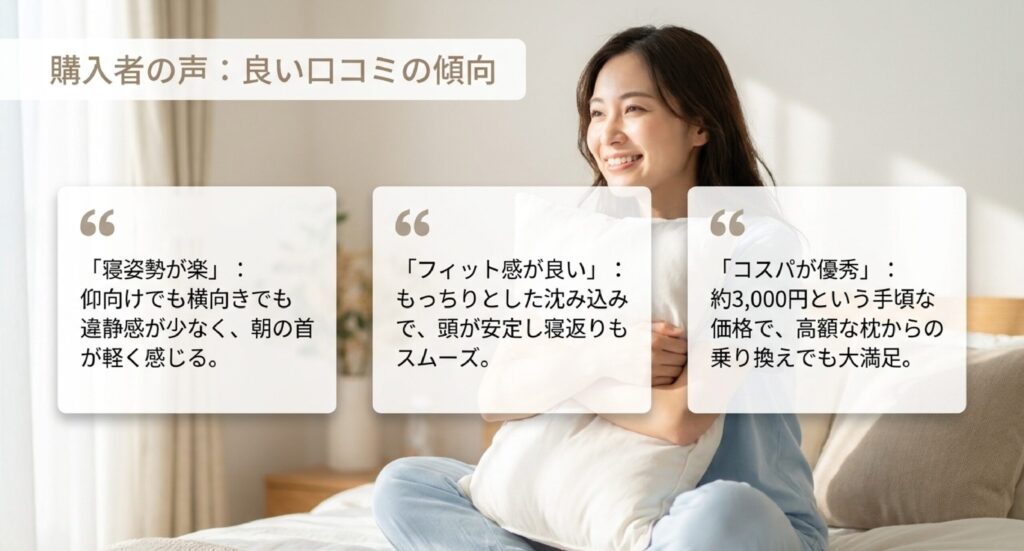 「寝姿勢が楽」「フィット感が良い」「約3,000円でコスパ優秀」という購入者の肯定的なレビューまとめ。