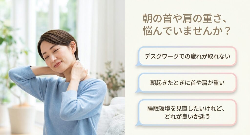 首の疲れを感じて手を添える女性の画像。朝起きた時の首の重さやデスクワークの疲れが取れない悩み。