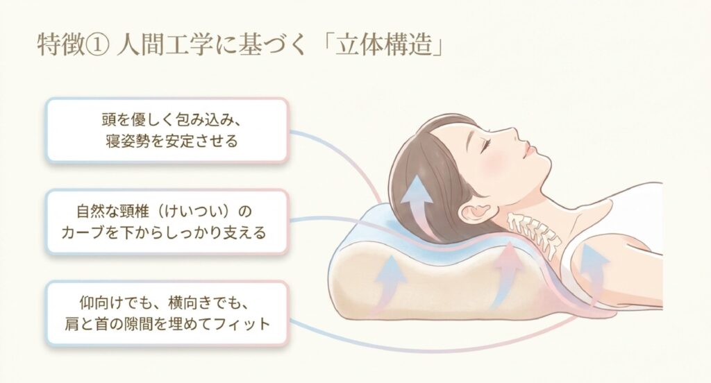 仰向け・横向き両対応の立体構造。自然な頸椎（けいつい）のカーブを支え、肩と首の隙間を埋める設計。