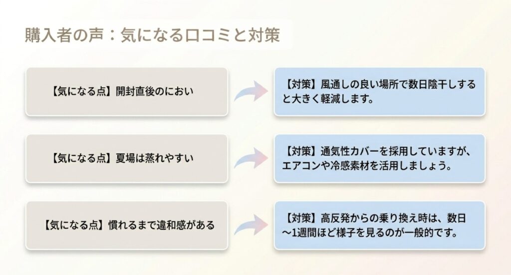 開封後のにおい対策（陰干し）や夏場の蒸れ対策（冷感パッド併用）、慣れるまでの期間についての解説。