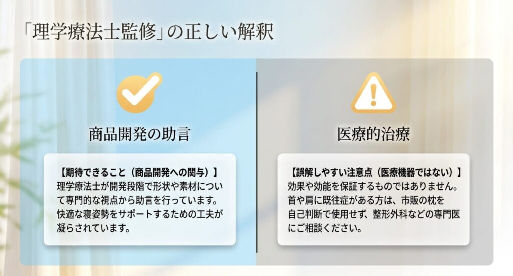 商品開発への助言を強調。医療機器ではなく、首や肩の既往症がある場合は専門医への相談を推奨する警告表示。