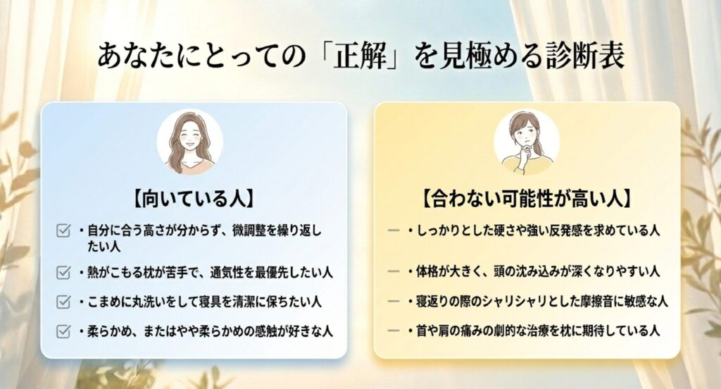 高さ調整をしたい人、通気性重視の人に向く一方、強い反発感や硬さを求める人、音に敏感な人には合わない可能性を示す表。