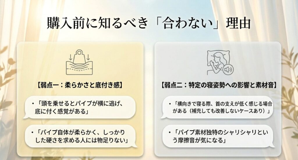 頭を乗せた際のパイプの逃げ（底付き感）や、寝返り時のシャリシャリとした摩擦音、横向き寝の高さ不足に関する解説図。