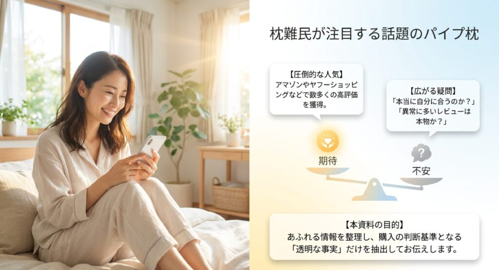 スマホを見ながらベッドに座る女性。アマゾン等の高評価と、自分に合うかという疑問、情報の透明性を伝える図解。
